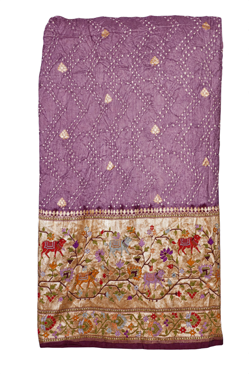 Bandhani Silk Lavender Saree with Florals and Leaves Jaal with Cows Border