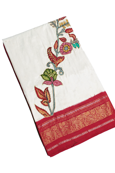 Fusion Silk Off White Saree with Florals in Thread Work Body