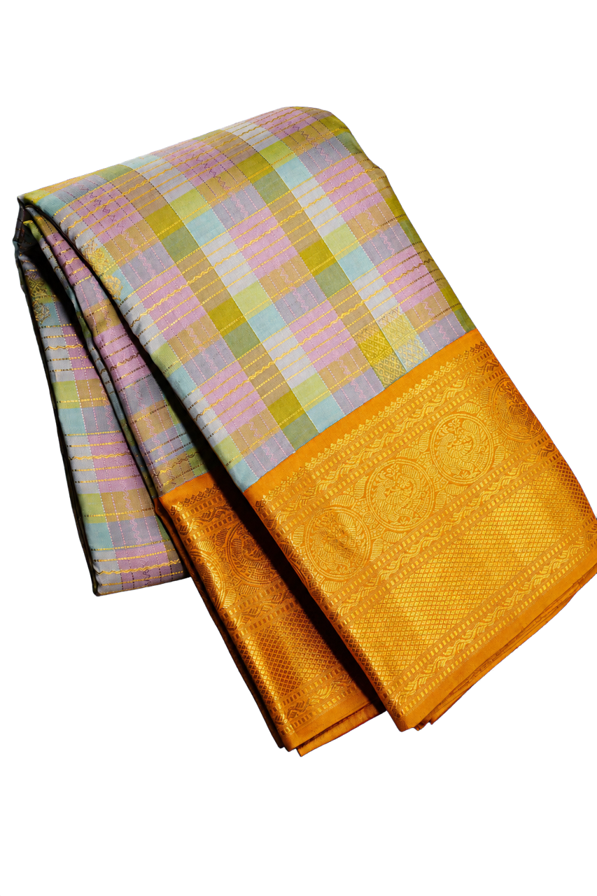 Kanchipuram Silk Multi Colour Saree with Contrast Border & Rich Zari Weaving